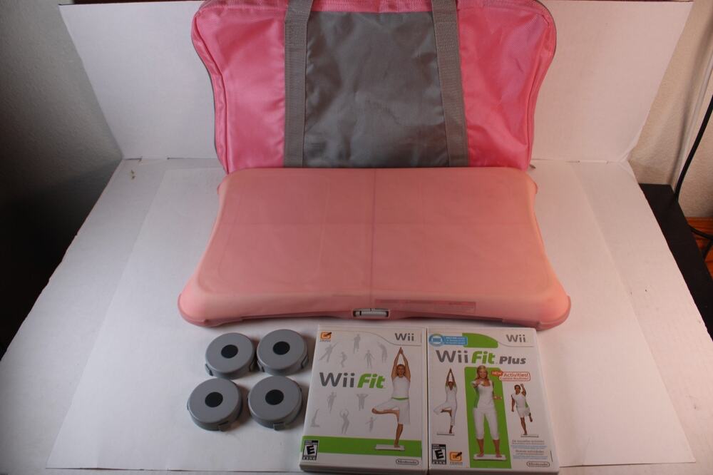 Nintendo Wii Fit Balance Board w/Fit Plus Video Games, Risers + Pink case/cover